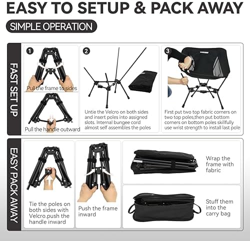 MARCHWAY Lightweight Folding Camping Chair, Stable Portable Compact for Outdoor Camp, Travel, Beach, Picnic, Festival, Hiking, Backpacking, Supports 330Lbs (Black)