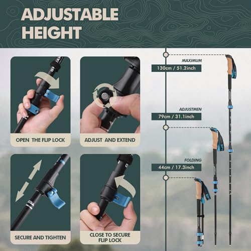 GPTCAMP Walking Sticks,Trekking Poles Collapsible Hiking Poles,Lightweight Folding Travel Walking Pole for Men Women,2pc Adjustable Hiking Stick with EVA Foam Grips for Backpacking
