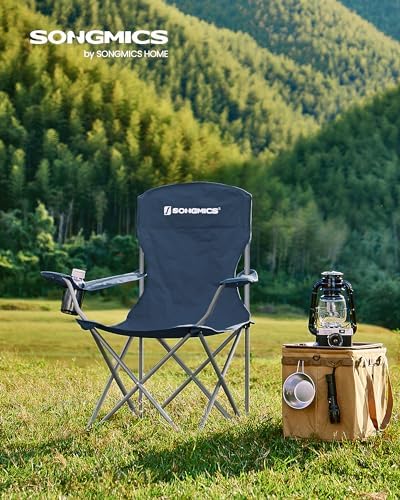 SONGMICS 2 Pack Folding Camping Chairs, Load 330 lb, Cup Holder and High Backrest, Heavy-Duty Structure, for Lawn, Garden, Fishing, Terrace