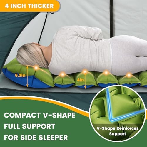 Camping Sleeping Pad, 4in Thick Ultralight Inflatable Camping Mat with Pillow, Built-in Foot Pump Sleeping Mat, Wide Compact Camping Pad for Travel Tent Hiking Backpacking Trip Car Camp Gear