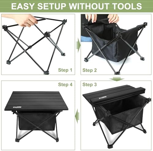 Folding Camping Table, Compact Ultralight Aluminum Design Portable Camping Table with with Storage Basket and Carring Bag for Camping Hiking BBQ Picnic Outdoor Cooking 16" Black