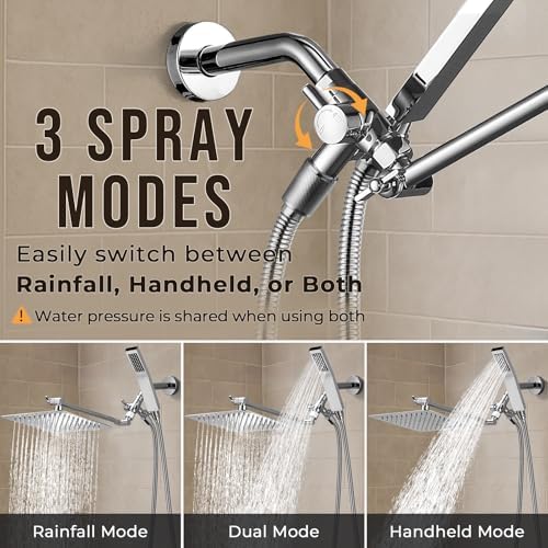G-Promise All Metal 8 Inch Dual Square Shower Head with Handheld Spray Combo, Rain Shower Head, Adjustable Extension Arm, Smooth 3-Way Diverter, 71 Inch Extra Long Hose - A Bathroom Upgrade (Chrome)