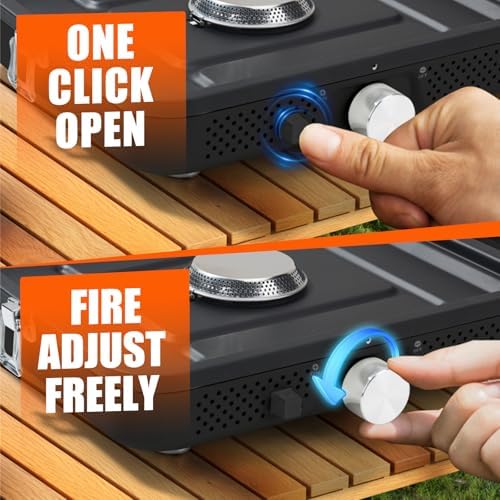 2 Burner Propane Stove with Grill, 18,000 BTU, Portable Camping Stove, Foldable Camp Stove, Gas Stove with 2 Adjustable Burners, Piezo Ignition & Easy Carrying Handle (Black)