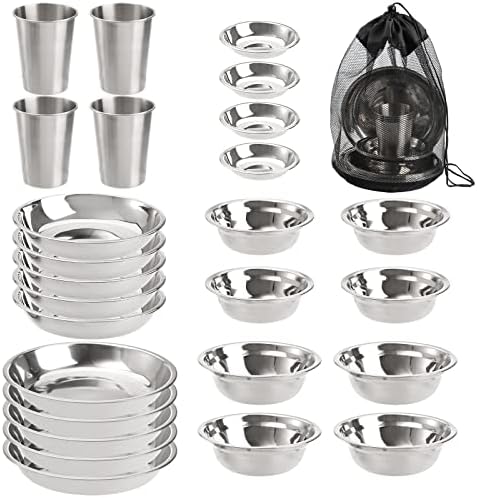 TOPZEA Set of 26 Stainless Steel Camping Plates and Bowls, Camping Mess Kits Camping Dish Set Tableware includes Plates, Bowl, Cups, Stainless Steel Dinnerware for Camping, Hiking, Travel, Picnic