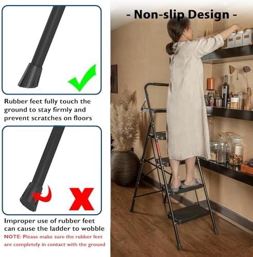 BONTEC 4-Step Ladder, 400lbs Max Load, Folding Step Stool with Tool Tray, Anti-Slip Pedals, Sturdy Steel, Lightweight Portable Ladder with Handrail for Home & Work Use, Black