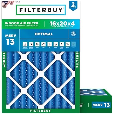 Filterbuy 16x20x4 Air Filter MERV 13 Optimal Defense (2-Pack), Pleated HVAC AC Furnace Air Filters Replacement (Actual Size: 15.50 x 19.50 x 3.63 Inches)