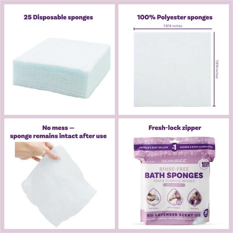 Scrubzz Disposable No Rinse Bathing Wipes - All-in-1 Single Use Shower Wipes, Simply Dampen, Lather, and Dry Without Shampoo or Rinsing (Lavender, 8-Pack)