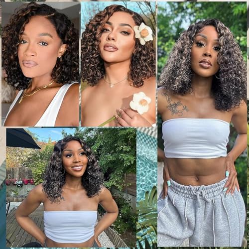 5×5 Closure Bob Wig Human Hair Glueless Wigs Human Hair Pre Plucked Pre Cut Short Curly Human Hair Wig Water Wave C Part Balayage Ombre Lace Frontal Human Hair Wigs for Black Women P1B/30 12 Inch