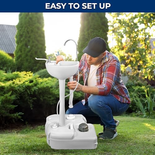 SereneLife Portable Camping Sink with 5 Gallon Water Tank, 6.4 Gallon Waste Tank, Hands-Free Foot Pump, Soap Dispenser & Towel Holder – Perfect for Camping, Worksites, Outdoors