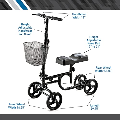 BodyMed Knee Walker for Injuries with Dual Brakes, Detachable Fabric Basket & Knee Pad Cover - Collapsible and Adjustable Scooter, Broken Leg Caddy, Alternative to Crutches