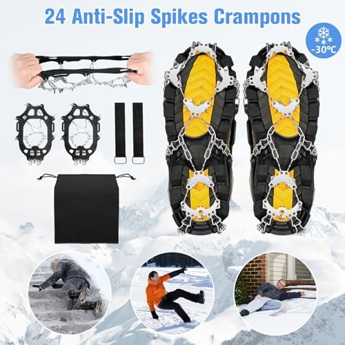 24 Spikes Crampons for Shoes, Anti Slip Ice Cleats for Shoes and Boots, Traction Ice Snow Grip with Stainless Steel Spikes and Silicone Men Women for Hiking, Walking, Climbing, Jogging,Fishing