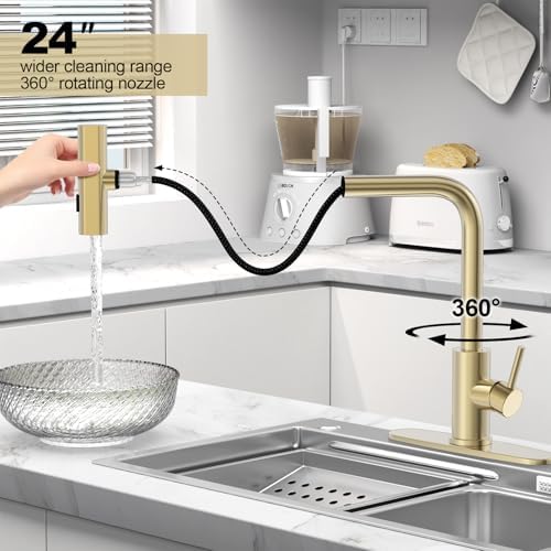 Brushed Gold Single Hole Kitchen Faucets with Pull Down Sprayer, Single Handle, High Flow Water, Pull Out Tap, Stainless Steel Sink Faucet, Suitable for Farmhouse Camper Laundry Rv Bar