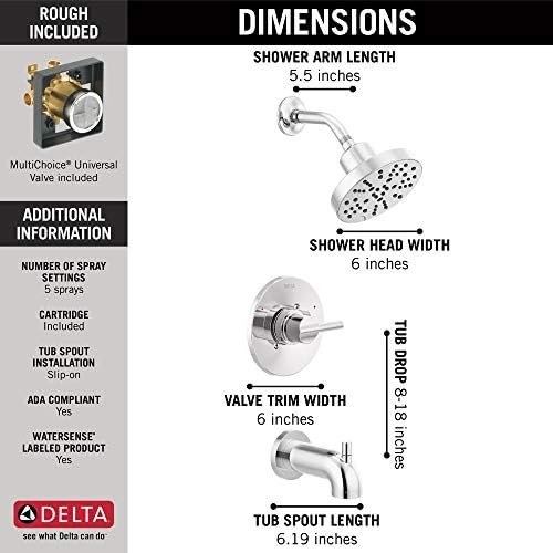 Delta Faucet Nicoli 14 Series Single-Handle Tub and Shower Trim Kit, Shower Faucet with 5-Spray H2Okinetic Shower Head, Chrome 144749 (Shower Valve Included)