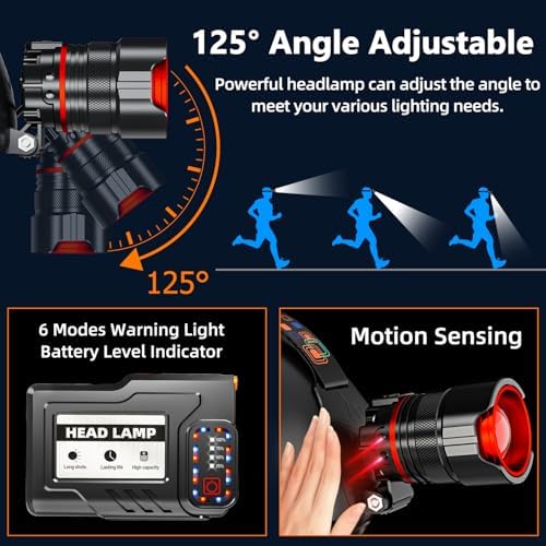Rechargeable Headlamp High Lumens, Super Bright LED Head Lamp with Motion Sensor, 5 Modes, IPX7 Waterproof, 125° Adjustable, Zoomable Headlight for Adults, Camping, Cycling, Running