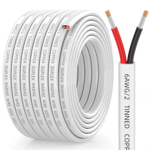 6 Gauge Marine Wire, 6/2 Duplex Marine Grade Cable, IP68 Waterproof/Oxygen-Free Tinned Copper Stranded PVC 6 AWG Wire for Boat, Automotive, RV, Solar, LED Strips (30FT/9M)