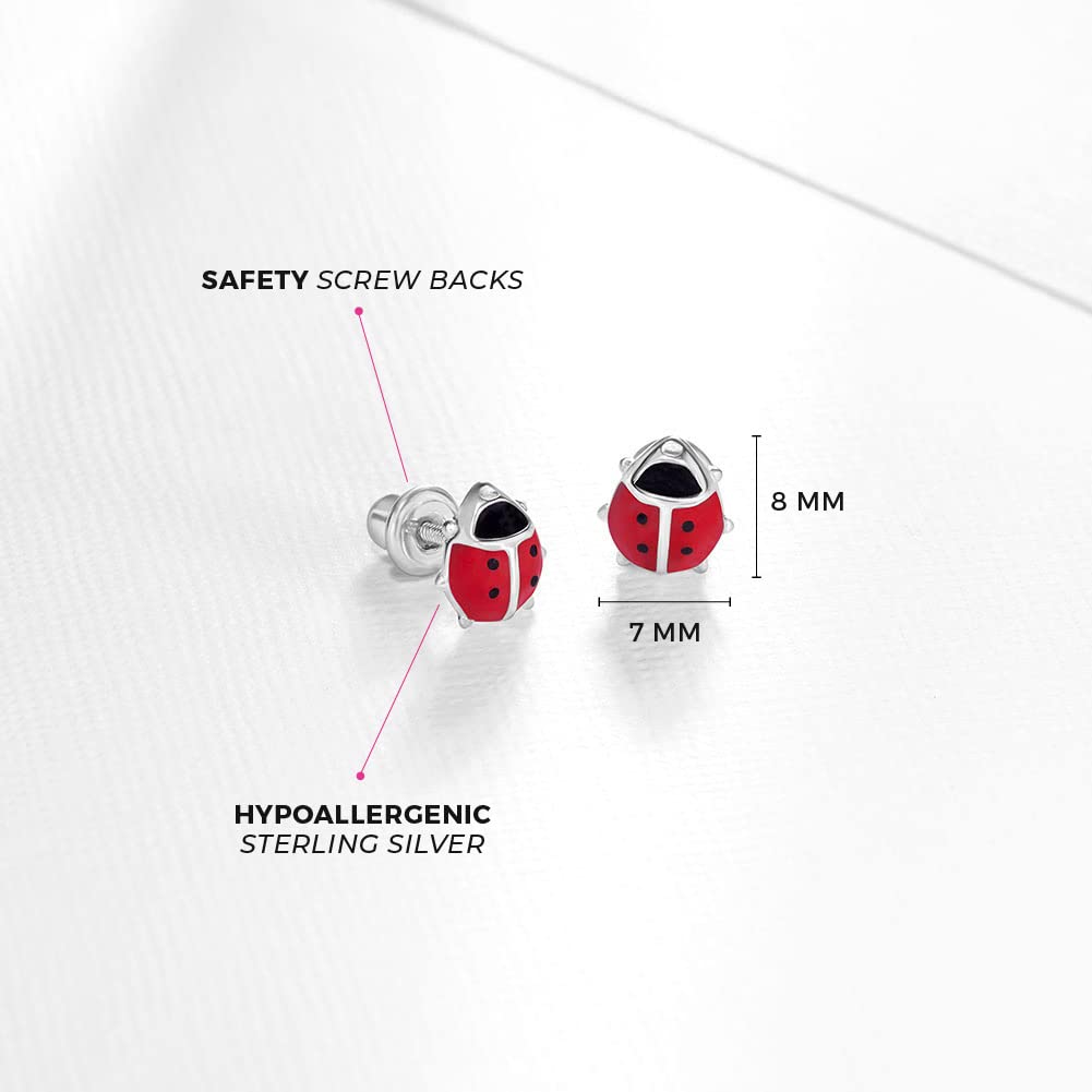 925 Sterling Silver Kids Red Ladybug Stud Earrings with Hypoallergenic Safety Screw Back for Young Girls & Toddlers - Animal Lover earrings Gift for Toddlers to Pre-Teens