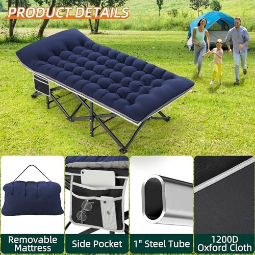 Portable Camping Cot, 32" Extra Wide Camping Cots for Adults with Thick Mattress, Heavy Duty Sleeping Cot Holds Up to 600LBS, Cots for Sleeping, Rv, Beach, Patio, Office Naps(Blue)