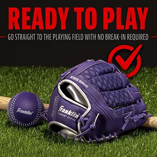Franklin Sports Kids Baseball Glove + Ball Sets - Meshtek Youth Teeball Gloves for Kids + Toddlers - Left + Right Hand Throw Mitts + Glove Sets with Foam Balls - Boys + Girls Gloves - 9.5" Inch