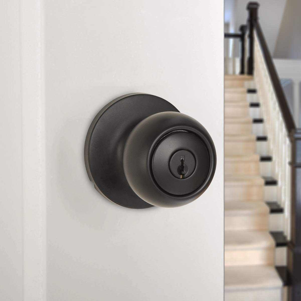 Amazon Basics Exterior Door Knob With Lock, Coastal, Easy to Install, Matte Black