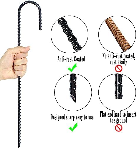 16 Inch Ground Rebar Stakes, J Hook Extra Heavy Duty Rust Proof Coated Steel Ground Anchors with Chisel Point End for Camping Tent and Canopy Tent (8)