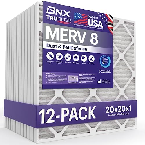 BNX TruFilter 20x20x1 Air Filter MERV 8 (12-Pack) - MADE IN USA – Dust & Pet Defense Electrostatic Pleated Air Conditioner HVAC AC Furnace Filters for Dust, Pet, Mold, Pollen MPR 600 – 700 & FPR 5