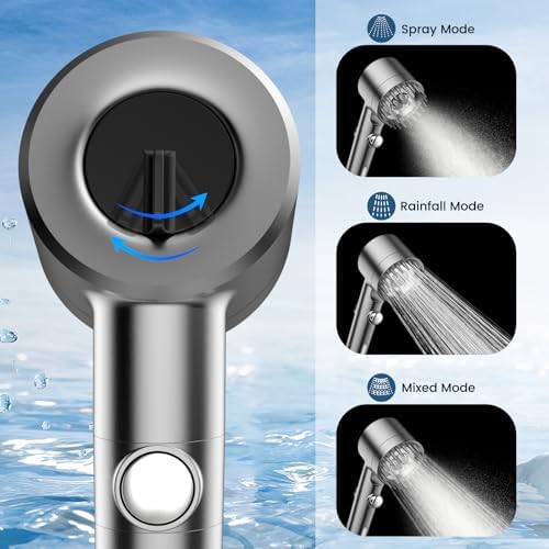 Filtered Shower Head with Handheld, High Pressure Water Flow and Multiple Spray Modes Shower Head with Filter, Power Wash for Hard Water, Showerhead with ON/OFF Switch for Pets Bath (Light Gray)