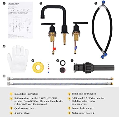 WOWOW Two Handles Widespread 8 inch Bathroom Faucet Black 3 Pieces Basin Faucets 360 Degree Swivel Spout Lavatory Sink Faucet