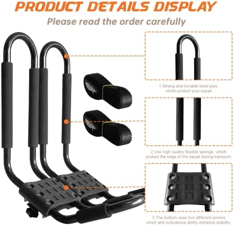Kayak Roof Rack, 1 Pair J-Bar Roof Rack with 2 Ropes. Heavy Duty Kayak Roof Carrier for Your Canoe SUV and Trucks
