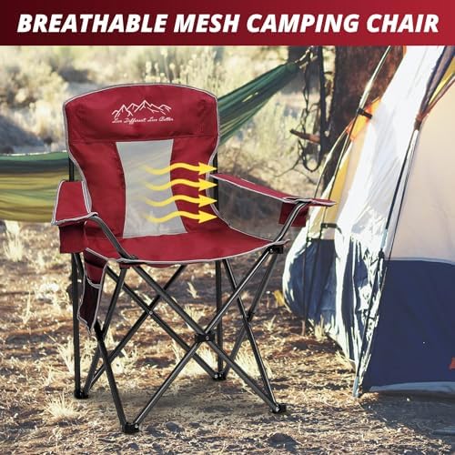 Mesh Folding Camping Chairs, Oversized Portable Outdoor Chairs, Weight Capacity 325 lbs with Cup Holder, Storage Pocket, Carry Bag Red