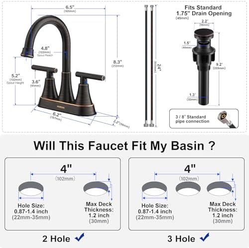 Bathroom Faucets for Sink 3 Hole, Hurran 4 inch Oil Rubbed Bronze Bathroom Sink Faucet with Pop-up Drain and Supply Hoses, Stainless Steel Lead-Free Centerset Faucets for Vanity RV, 2 Pack