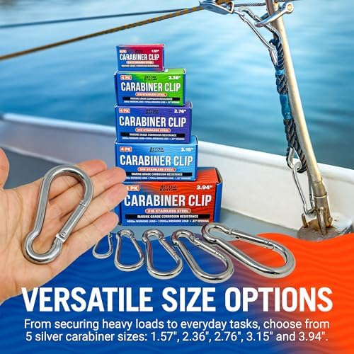Stainless Steel Carabiner Clip, 4 Pack, 316 Marine Grade, Heavy Duty Spring Snap Hooks, Mini and Large Sizes, 2" to 4" Options