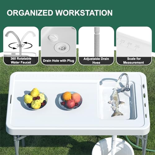 42.5" Fish Cleaning Table with Sink, Folding Camping Table & Fish Cleaning Station with Measure Mark, Camping Sink with Hose Hookup for Outdoor Picnic, Beach, Dock & Patio Use