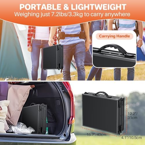 FUNYKICH 3ft Camping Folding Table with 3 Adjustable Height, Portable Picnic Tables, 34.2'' Lx15.7'' W Lightweight Aluminum Outdoor Table with Carry Handle for Camping, Picnic, Backyard, BBQ, Black