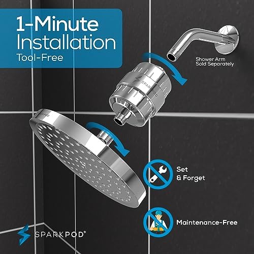 SparkPod Luxury Filtered Shower Head Set 23 Stage Shower Filter - Reduces Chlorine and Heavy Metals - High Pressure Showerhead Filter (8" Round, Luxury Polished Chrome)