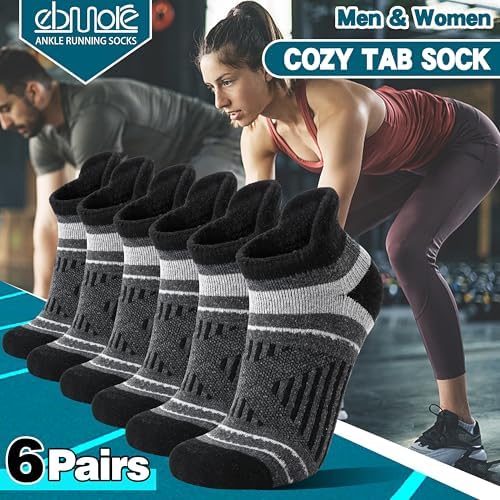 EBMORE 6 Pairs Merino Wool Ankle Hiking Running Socks Compression Support Thick Cushion No Show Socks for Men Women