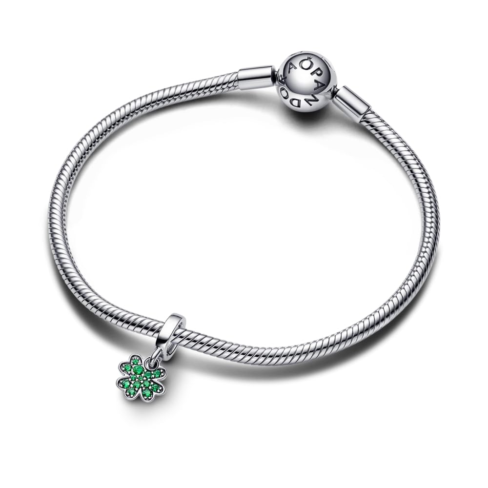 Pandora Four Leaf Clover Dangle Charm - Gift for Her - Sterling Silver with Man-Made Crystals - with Present Box