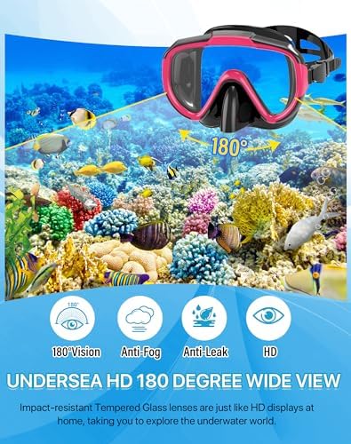 Snorkeling Gear for Adults Men Women,4 in 1 Snorkel Set with Panoramic View Diving Mask Anti-Fog Anti-Leak,Dry Top Snorkel,Fins and Travel Bag for Swimming,Snorkeling and Travel Diving