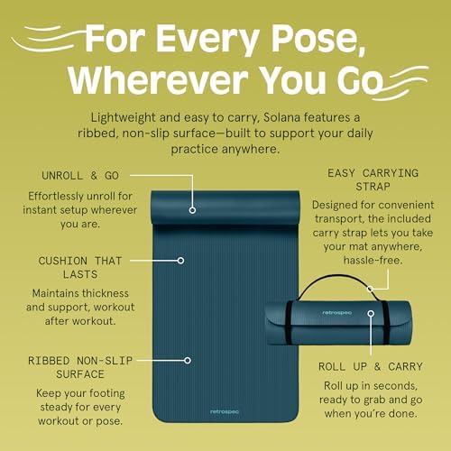 Retrospec Solana Yoga Mat 1/2" Thick w/Nylon Strap for Men & Women - Non Slip Exercise Mat for Yoga, Pilates, Stretching, Floor & Fitness Workouts