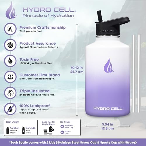 HYDRO CELL Stainless Steel Insulated Water Bottle with Straw - For Cold & Hot Drinks - Metal Vacuum Flask with Screw Cap and Modern Leakproof Sport Thermos for Adults (Lavender/White 64oz)