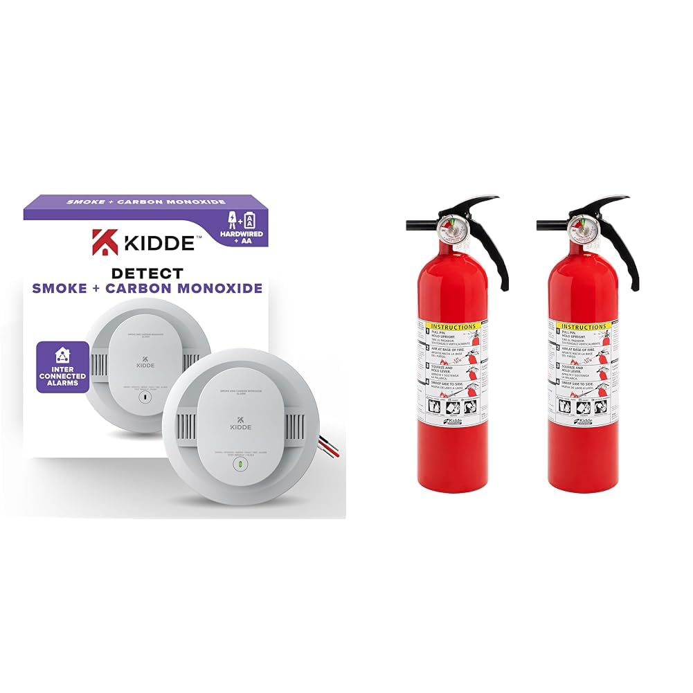 Kidde Smoke Detector with LED Indicators, Fire Extinguisher for Home 1-A:10-B:C Dry Chemical Extinguisher 2 Pack