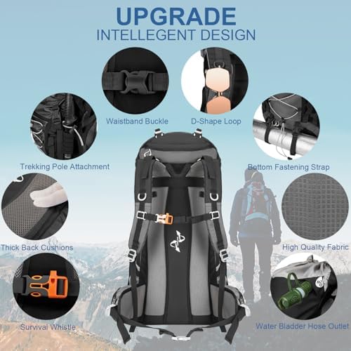 60L Hiking Backpack, Water Resistant Camping Backpack with Rain Cover, Large Lightweight Hiking Bag Outdoor Travel Daypack for Men Women, Black