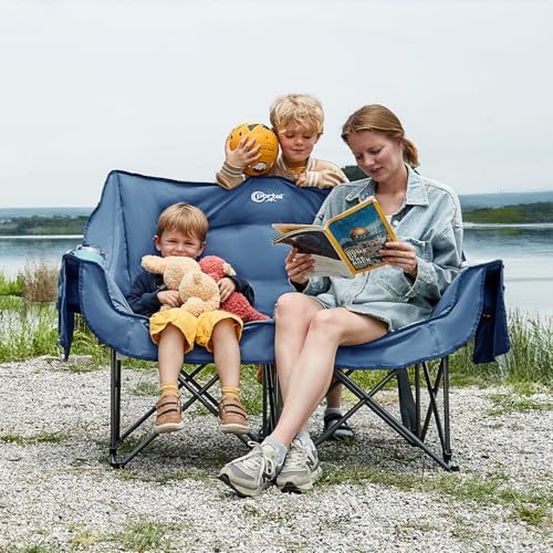 PORTAL Double Camping Chair Sofa 2 Person Loveseat Folding Thicken Camp Chair for Adults with Cup Holder, Outdoors Lawn Camp Soccer Sports, Support 600 lbs (Blue)