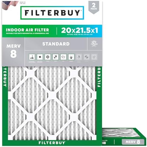 Filterbuy 20x21.5x1 Air Filter MERV 8 Dust Defense (2-Pack), Pleated HVAC AC Furnace Air Filters Replacement (Actual Size: 19.88 x 21.50 x 0.75 Inches)