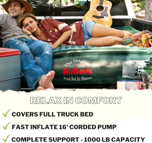 AirBedz by Pittman Outdoors - Lite Full Size Short Truck Bed Air Mattress, Green - 6-6.5' Long, with Portable DC Air Pump