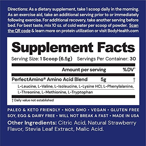 BodyHealth PerfectAmino Powder Strawberry (30 Serving) Best Pre/Post Workout Recovery Drink, 8 Essential Amino Acids Energy Supplement with 50% BCAAs, 100% Organic, 99% Utilization