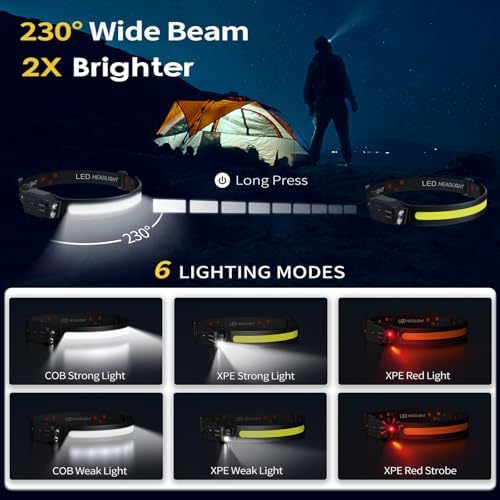 Headlamp Rechargeable 2PCS, 230° Wide Beam High Lumen LED Head Lamp for Adults, Motion Sensor Hard Hat Head Lights for Forehead,6Mode Headlight Flashlight for Camping Fishing Hiking Gear