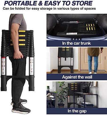 BOCOM 12.5 FT Aluminum Telescoping Ladder, Lightweight Multi-Purpose Collapsible Extension with 2 Triangle Stabilizers, Heavy Duty 330 lbs Max Capacity, Ideal for Home, RV, and Outdoor Work Black