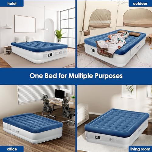 MoKo Air Mattress Queen with Built in Pump, 18'' Luxury Inflatable Mattress, 3 Min Fast Blow up Mattress with Dual-Chamber, Comfort Top - Velvety Air Bed for Home, Camping, Travel, Guests, White/Blue