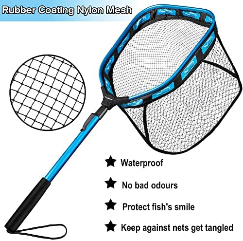 PLUSINNO Floating Fishing Net for Steelhead, Salmon, Fly, Kayak, Catfish, Bass, Trout Fishing, Rubber Coated Landing Net for Easy Catch & Release, Compact & Foldable for Easy Transportation & Storage