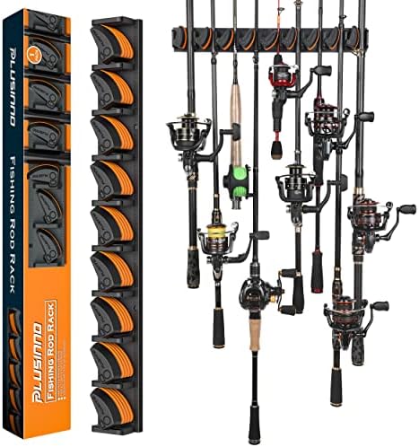 PLUSINNO V9 Vertical Fishing Rod Holders, Wall Mounted Fishing Pole Holders, Fishing Rod Rack Holds Up to 9 Rods or Combos, Fishing Rod Holders for Garage, Fits Most Rods of Diameter 3-19mm